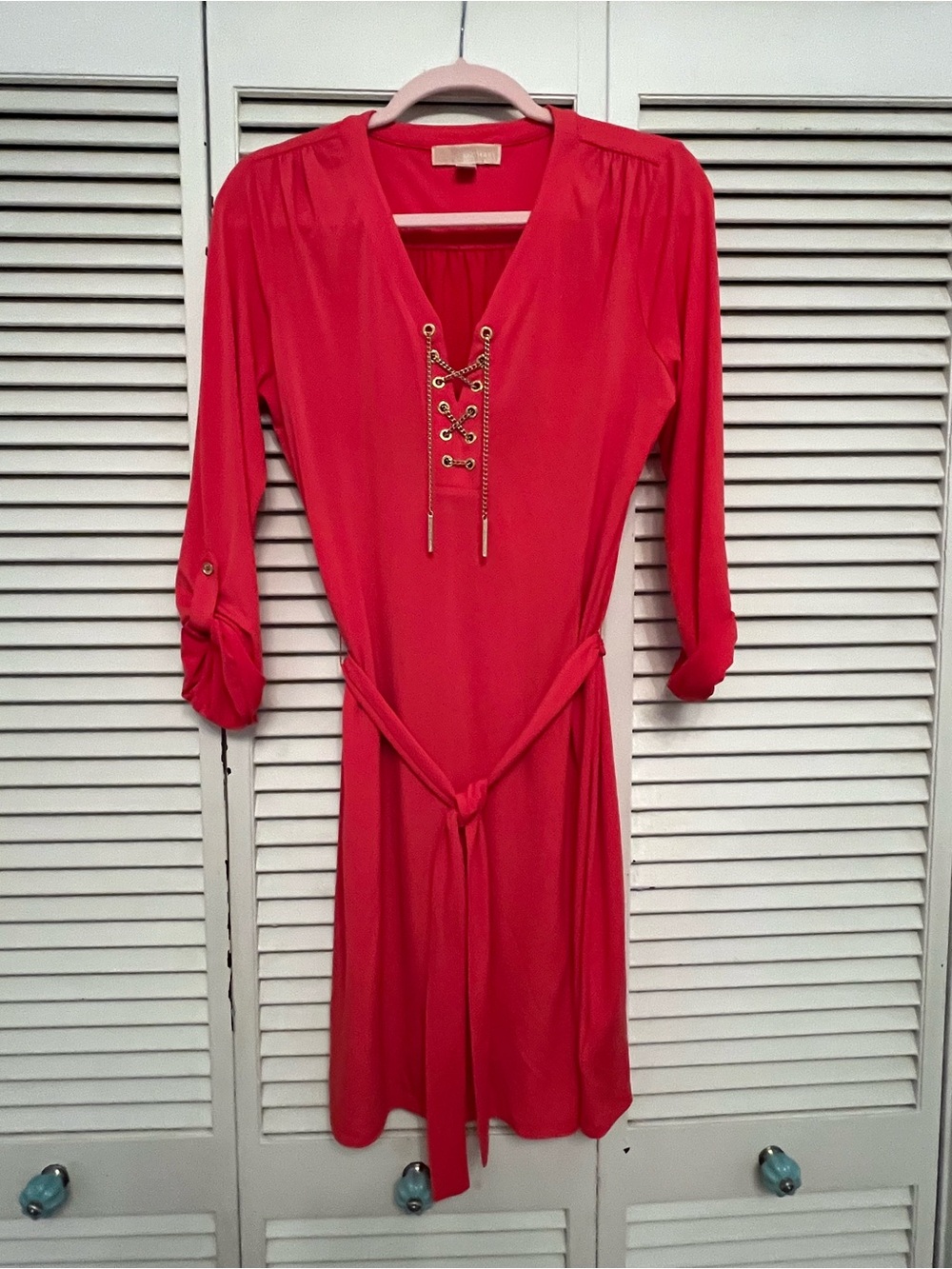 Michael Kors Red Lace-Up V-Neck Long Sleeve Dress